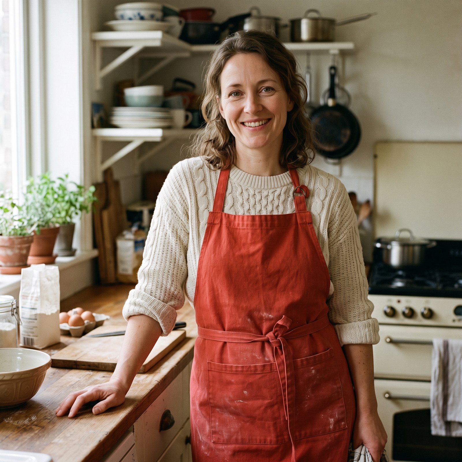 Emma in her red apron in the kitchen, getting ready to cook